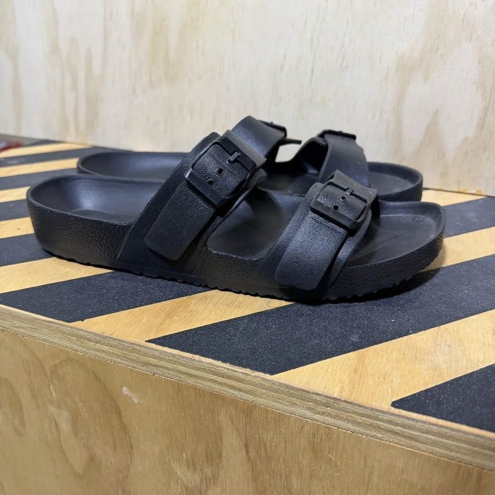 Black Double Strap Slide Sandals Womens Size 11 Buckle‎ Comfort Casual Slip On